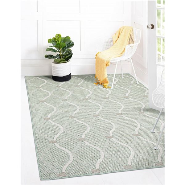 Tapis d'intérieur/extérieur Veranda Abstract rectangulaire 5 pi x 7 pi ligné menthe par Ecarpet