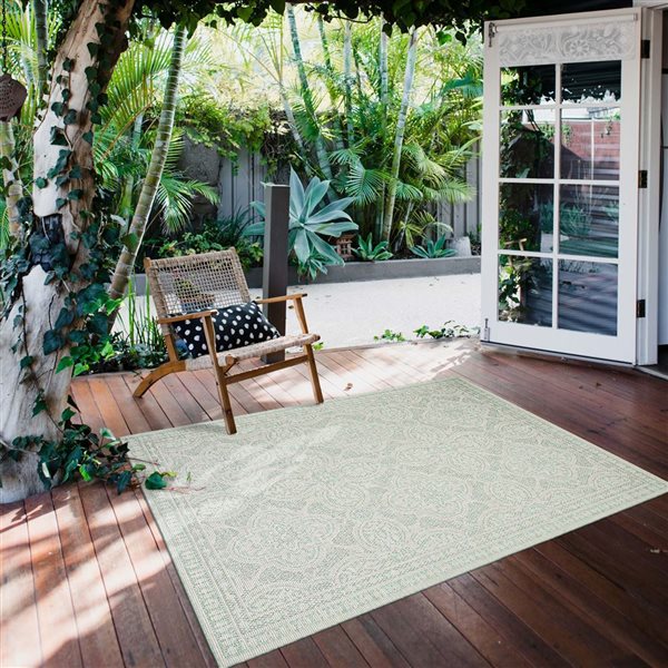 Ecarpet Veranda Traditional 7-ft x 10-ft Mint Rectangular Indoor/outdoor Border Area Rug