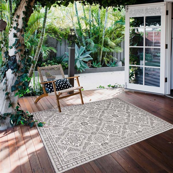 Ecarpet Veranda Traditional 7-ft x 10-ft Grey Rectangular Indoor/outdoor Border Area Rug