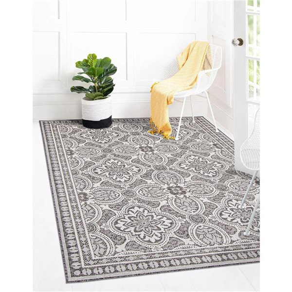 Ecarpet Veranda Traditional 7-ft x 10-ft Grey Rectangular Indoor/outdoor Border Area Rug