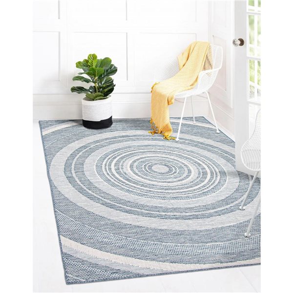 Tapis d'intérieur/extérieur Veranda Modern rectangulaire 5 pi x 7 pi au motifs géométriques bleu par Ecarpet