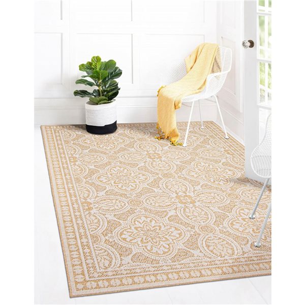 Ecarpet Veranda Traditional 5-ft x 7-ft Gold Rectangular Indoor/outdoor Border Area Rug