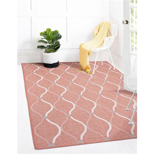 Tapis d'intérieur/extérieur Veranda Abstract rectangulaire 7 pi x 10 pi ligné corail par Ecarpet