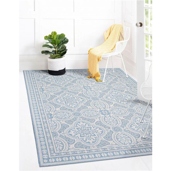 Ecarpet Veranda Traditional 7-ft x 10-ft Light Blue Rectangular Indoor/outdoor Border Area Rug