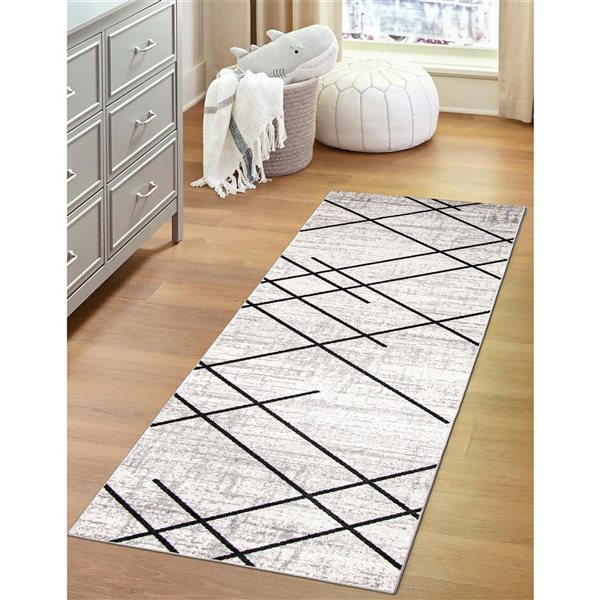 Tapis de passage Aqua Damali par ECARPET rectangulaire ivoire et noir de 2,5 pi x 8 pi