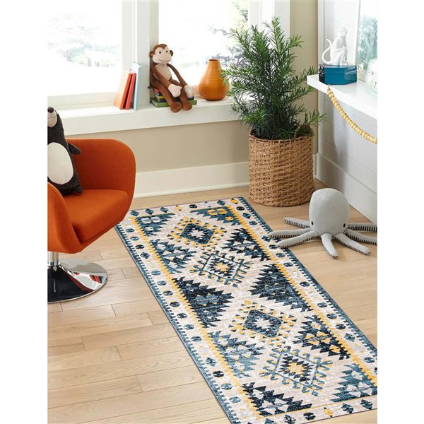 ECARPET Aqua Mosaic 2.5-ft x 8-ft Taupe and Blue Rectangular Runner