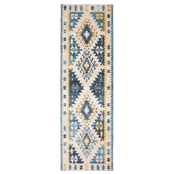 Tapis de passage Aqua Mosaic par ECARPET rectangulaire taupe et bleu de 2,5 pi x 8 pi