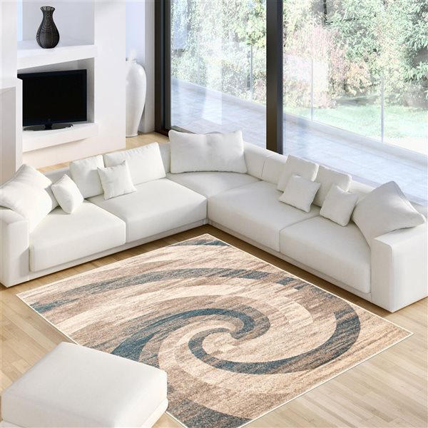 Tapis Cora par ECARPET rectangulaire ivoire et bleu de 7,5 pi x 9,5 pi