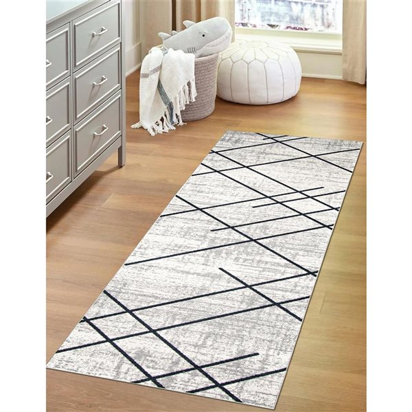 Tapis de passage Aqua Damali par ECARPET rectangulaire ivoire et bleu de 2,5 pi x 8 pi