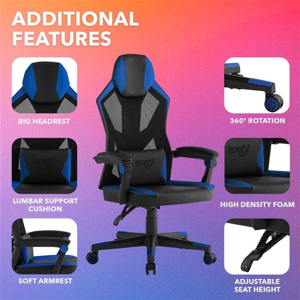 Loungie Hadleigh Navy Blue Ergonomic Adjustable Height Swivel Faux Leather Gaming Chair