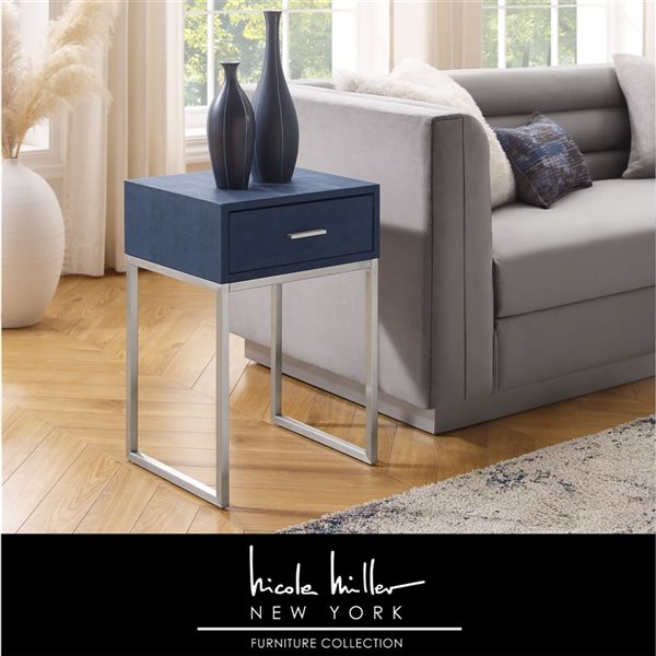 Nicole Miller Landan Navy and Chrome Faux Shagreen Rectangular End Table