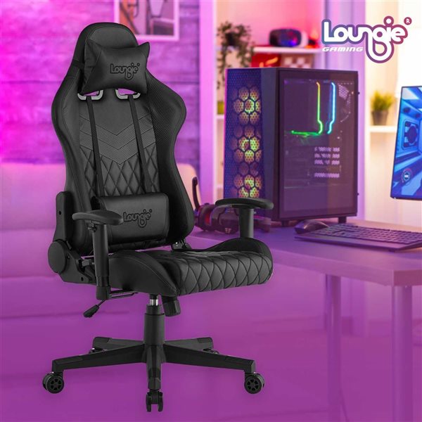 Loungie Maxton Black Ergonomic Adjustable Height Faux Leather Gaming Chair