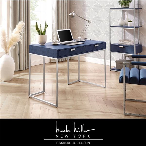 Nicole Miller Landan 45-in Navy Blue and Chrome Faux Shagreen Writing Desk