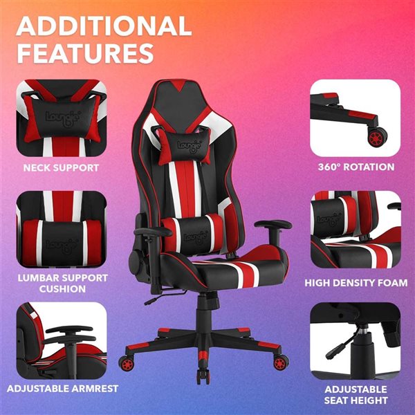 Loungie Harmoni Red Ergonomic Adjustable Height Swivel Faux Leather Gaming Chair