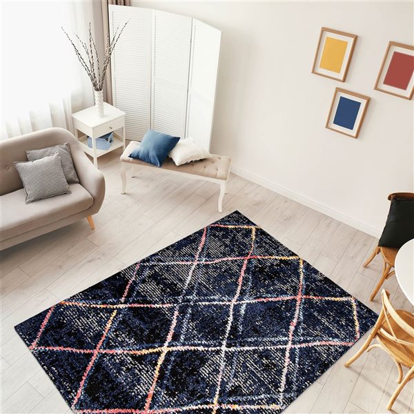 Tapis d'intérieur Morocco Abstract 5pi 3po x 7pi 3po rectangulaire bleu marine par ECARPET