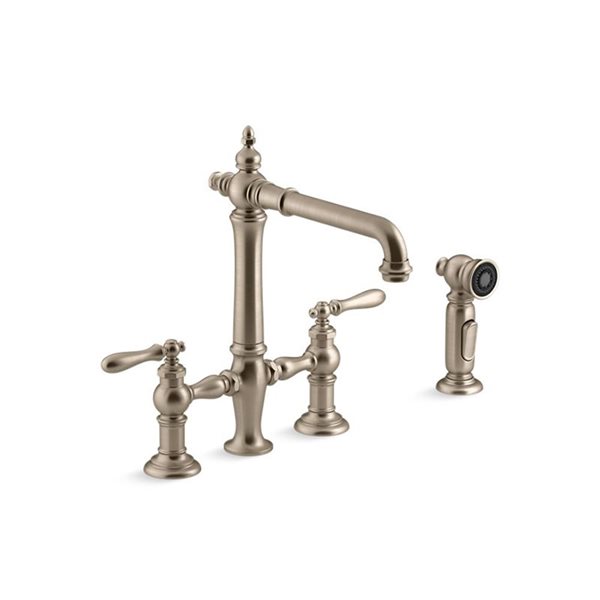 KOHLER Artifacts Vibrant Brushed Bronze 2-Handle Deck Mount Bridge Kitchen Faucet with Side Sprayer