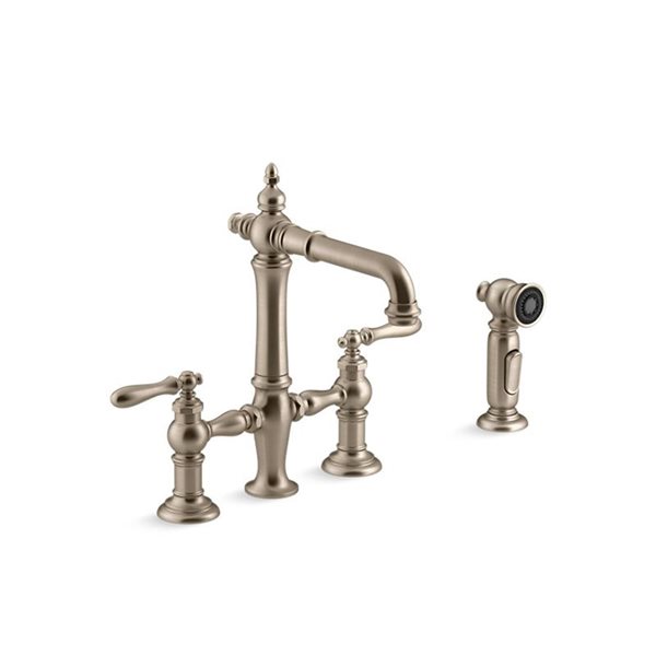 KOHLER Artifacts Vibrant Brushed Bronze Deck Mount 2-Handle Bridge Kitchen Faucet with Side Sprayer