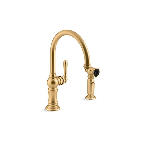 KOHLER Artifacts Deck Mount Vibrant Brushed Moderne Brass High-Arc Kitchen Faucet with Side Spray