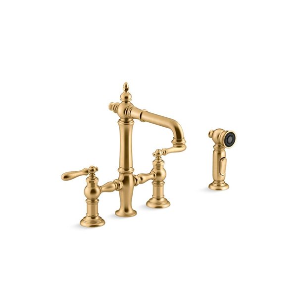 KOHLER Artifacts Vibrant Brushed Moderne Brass 2-Handle Bridge Kitchen Faucet with Side Spray