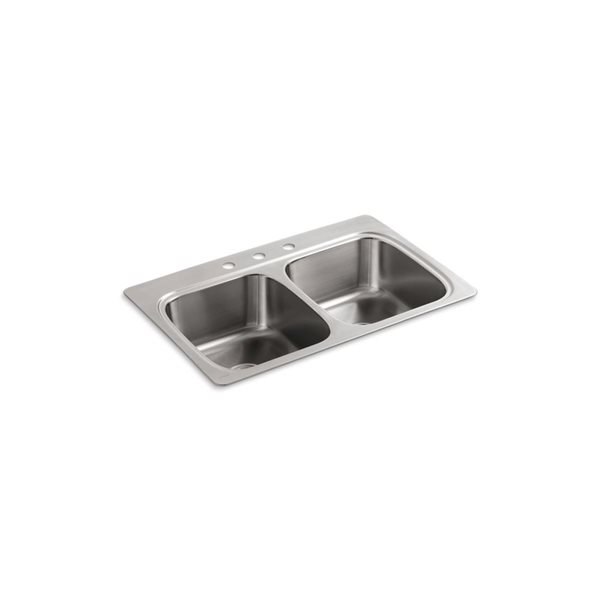 KOHLER Verse Drop-in 33-in x 22-in Stainless Steel Double Equal Bowl 3-Hole Kitchen Sink