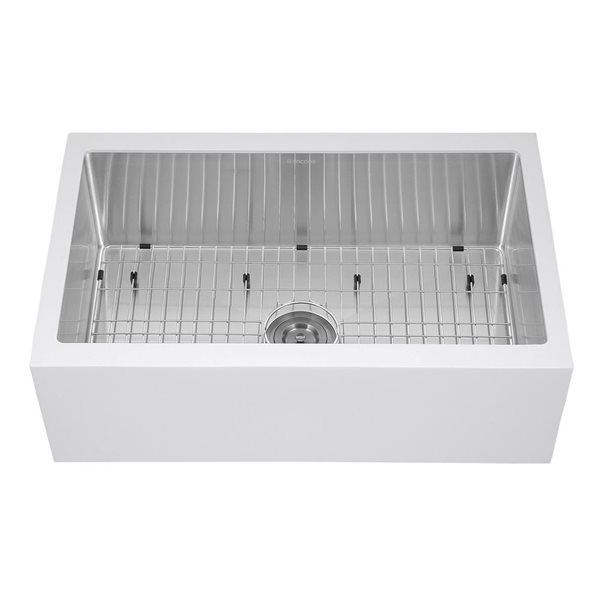 Évier de cuisine simple Ancona encastrable à tablier frontal blanc et acier inoxydable 30 po x 18,8 po à perçage personna…