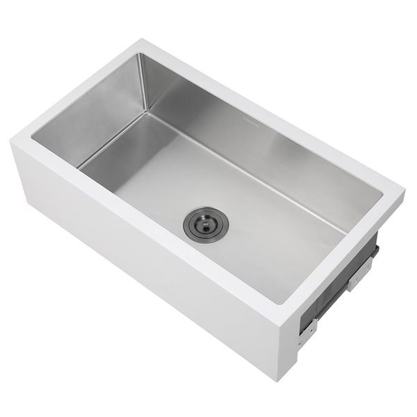 Évier de cuisine simple Ancona encastrable à tablier frontal blanc et acier inoxydable 33 po x 18,8 po à perçage personna…