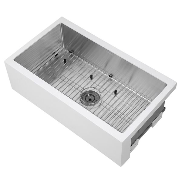 Évier de cuisine simple Ancona encastrable à tablier frontal blanc et acier inoxydable 33 po x 18,8 po à perçage personna…