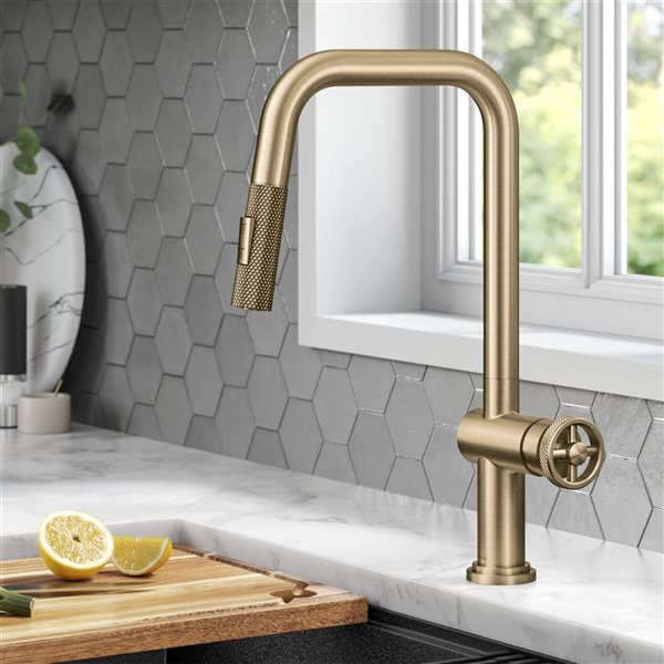 Kraus Urbix Deck Mount Brushed Gold Pull-Down Single Handle Kitchen Faucet