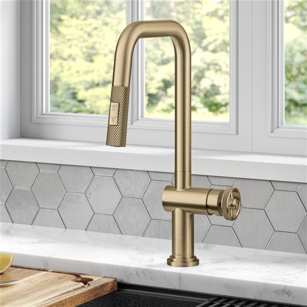 Kraus Urbix Deck Mount Brushed Gold Pull-Down Single Handle Kitchen Faucet