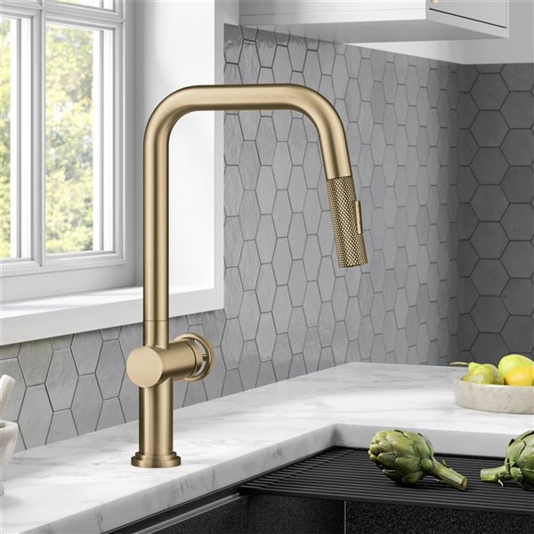 Kraus Urbix Deck Mount Brushed Gold Pull-Down Single Handle Kitchen Faucet