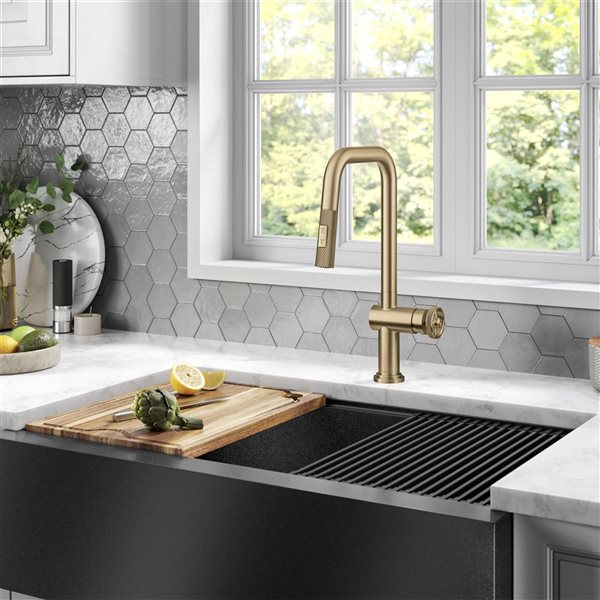 Kraus Urbix Deck Mount Brushed Gold Pull-Down Single Handle Kitchen Faucet