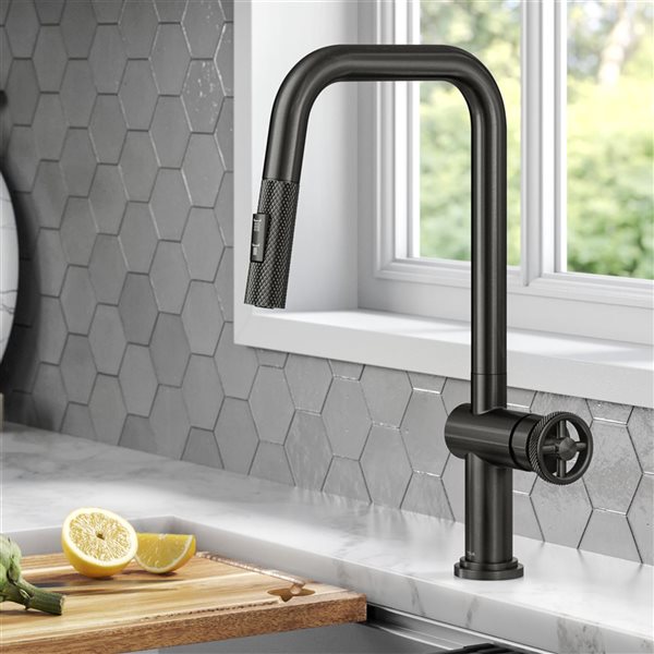 Kraus Urbix Deck Mount Black Stainless Pull-Down Single Handle Kitchen Faucet