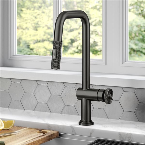 Kraus Urbix Deck Mount Black Stainless Pull-Down Single Handle Kitchen Faucet