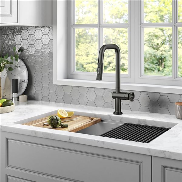 Kraus Urbix Deck Mount Black Stainless Pull-Down Single Handle Kitchen Faucet