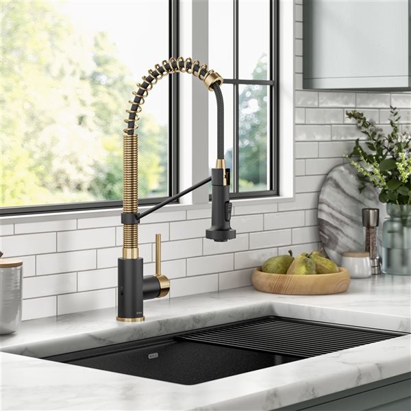 Kraus Bolden Deck Mount Brushed Brass/Matte Black Sensor Pull-Down Kitchen Faucet