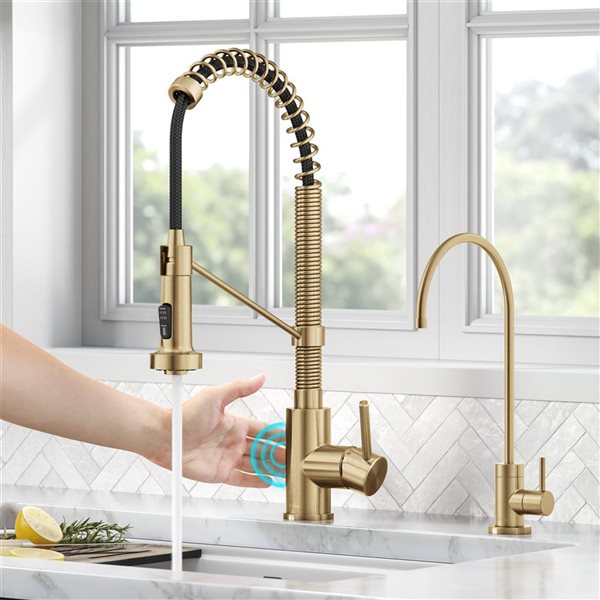 Kraus Bolden Deck Mount Brushed Brass Sensor Pull-Down Single Handle Kitchen Faucet