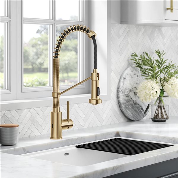 Kraus Bolden Deck Mount Brushed Brass Sensor Pull-Down Single Handle Kitchen Faucet