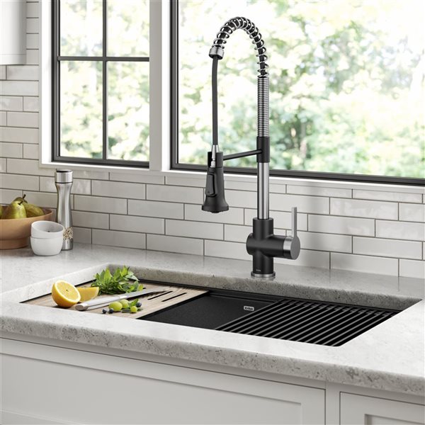 Kraus Britt Deck Mount Spot-Free Stainless Steel/Matte Black Pull-Down Kitchen Faucet