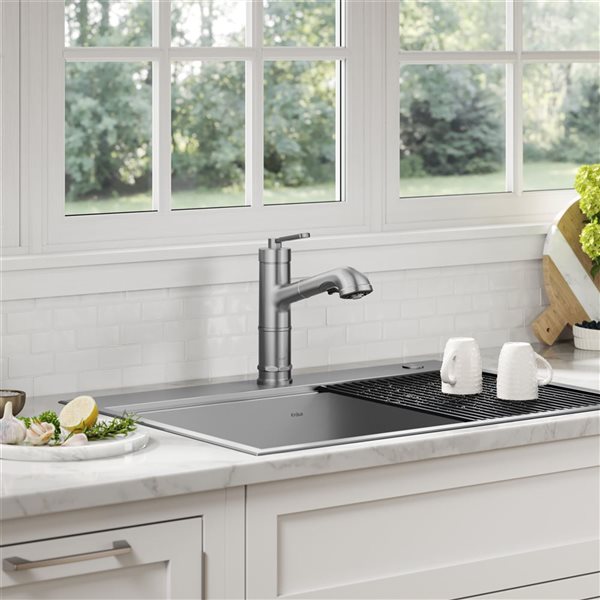 Kraus Allyn Deck Mount Spot-Free Stainless Steel Pull-Out Kitchen Faucet