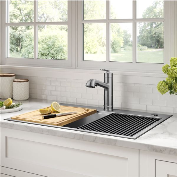 Kraus Allyn Deck Mount Spot-Free Stainless Steel Pull-Out Kitchen Faucet