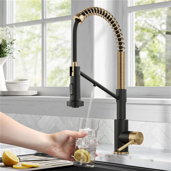 Kraus Bolden Deck Mount Brushed Brass/Matte Black Pull-Down Water Filter Kitchen Faucet