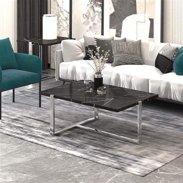 !nspire Granite and Faux Marble 26-in Coffee Table - Black and Silver