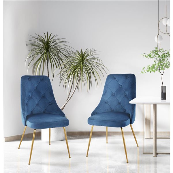 Ensemble de 2 chaises Plumeria en velours bleu avec pattes dorées par HomeTrend