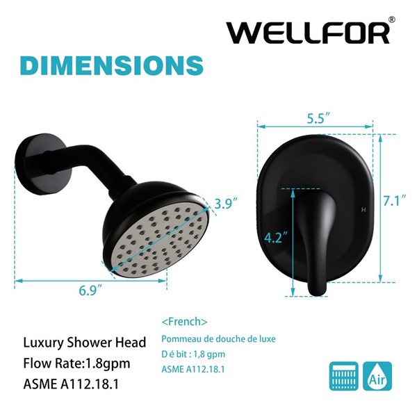 WELLFOR Matte Black Round Shower Head with Valve WBSH008MB RONA