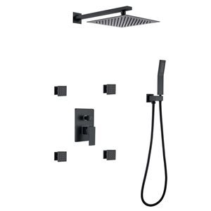 WELLFOR Matte Black Shower System with 10-in Top Spray and 4 Body Spray Jets