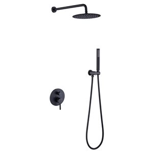 WELLFOR Matte Black 2-Function 10-in Round Shower Head Shower System