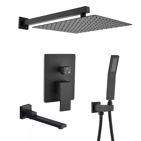 WELLFOR 3-Function Wall-Mounted Shower System with 10-in Rain Shower Head in Matte Black
