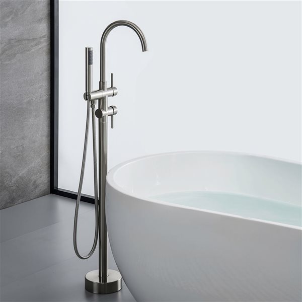 WELLFOR Brushed Nickel 2-Handle Freestanding Bathtub Faucet with Handheld Shower