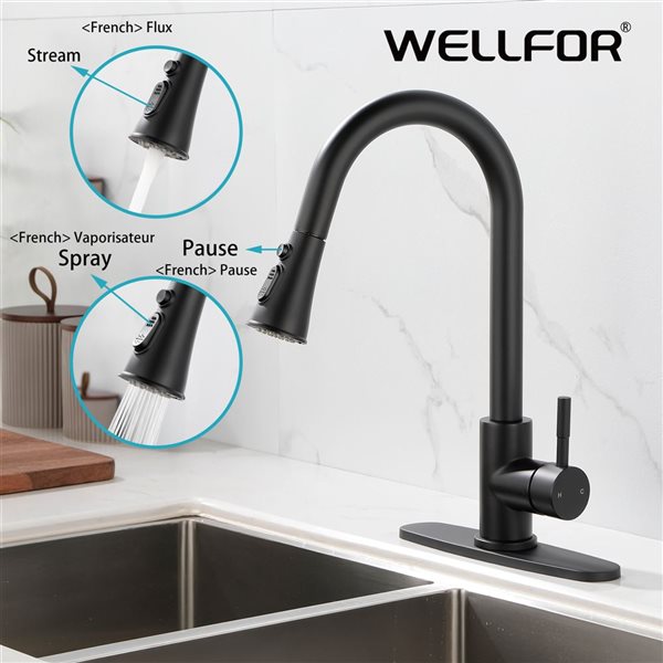 WELLFOR Sink Faucets Matte Black 1-handle Deck Mount Pull-down Handle/lever Residential Kitchen Faucet (Deck Plate Included)