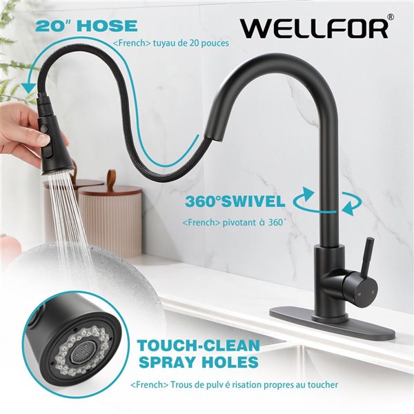 WELLFOR Sink Faucets Matte Black 1-handle Deck Mount Pull-down Handle/lever Residential Kitchen Faucet (Deck Plate Included)